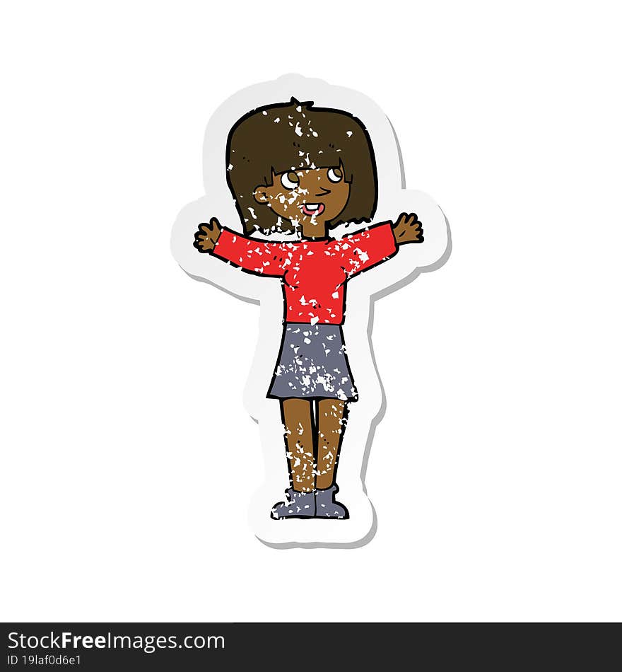 retro distressed sticker of a cartoon excited woman