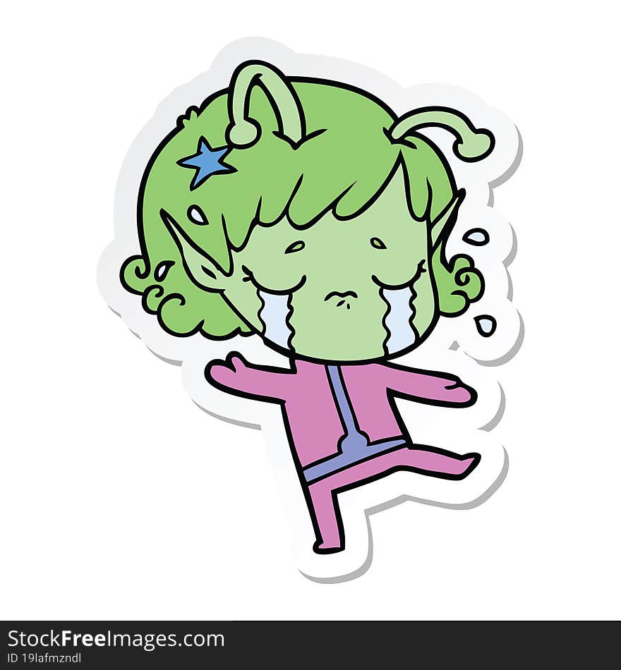 Sticker Of A Cartoon Crying Alien Girl