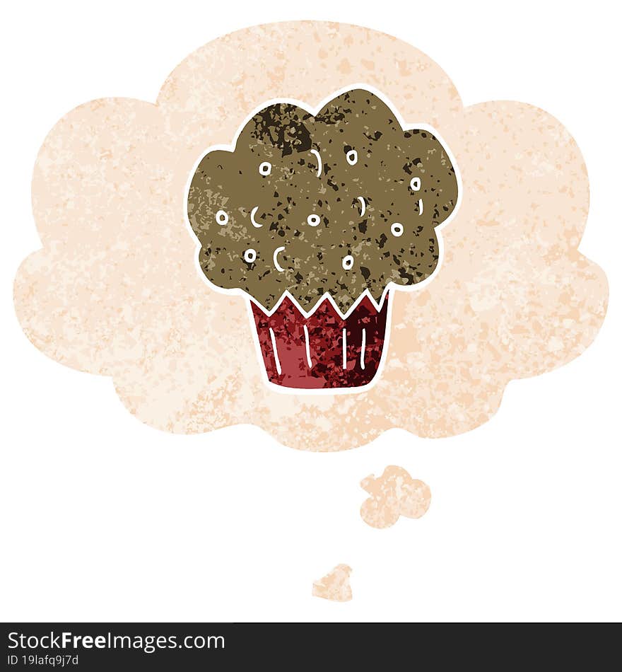 cartoon muffin and thought bubble in retro textured style