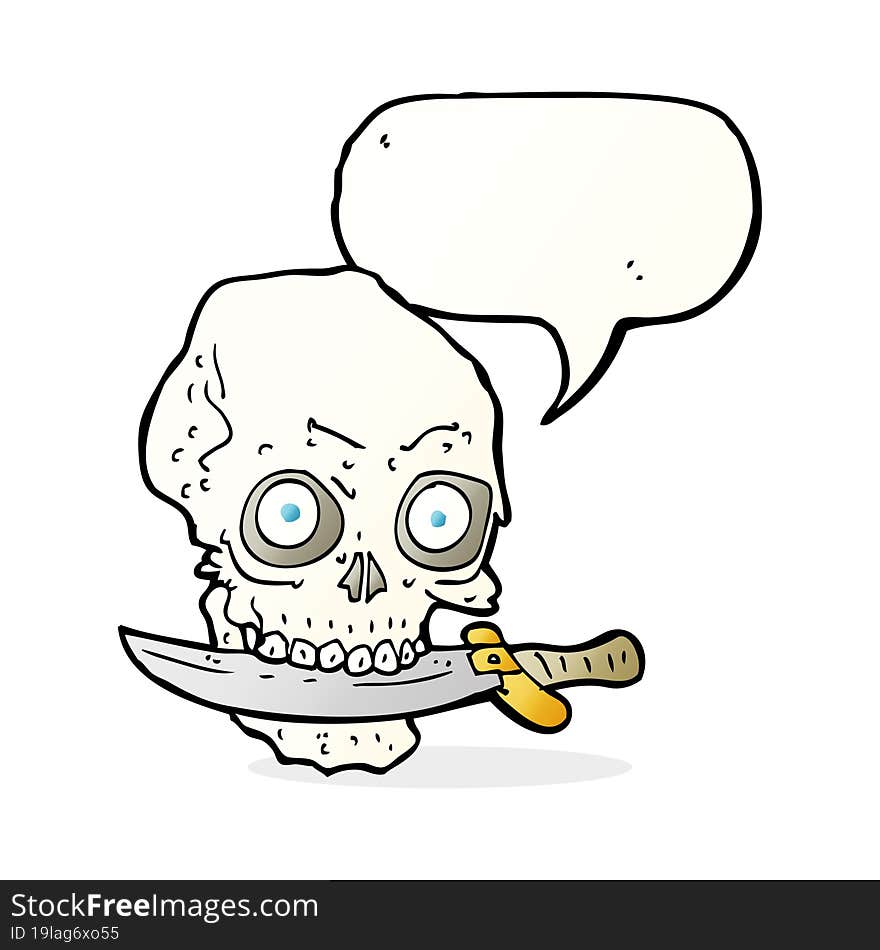 cartoon pirate skull with knife in teeth with speech bubble