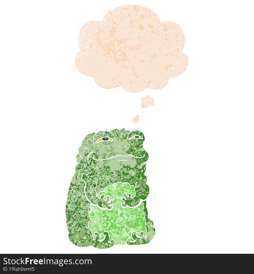 cartoon smug toad and thought bubble in retro textured style