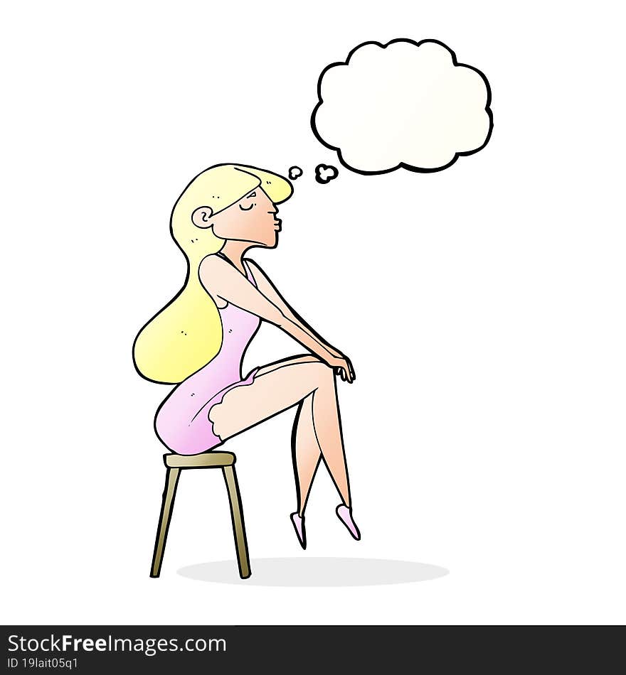 cartoon woman sitting on stool with thought bubble