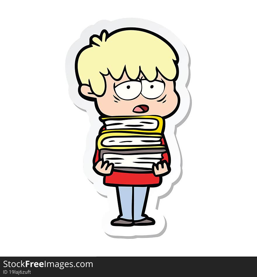 sticker of a cartoon exhausted boy holding book