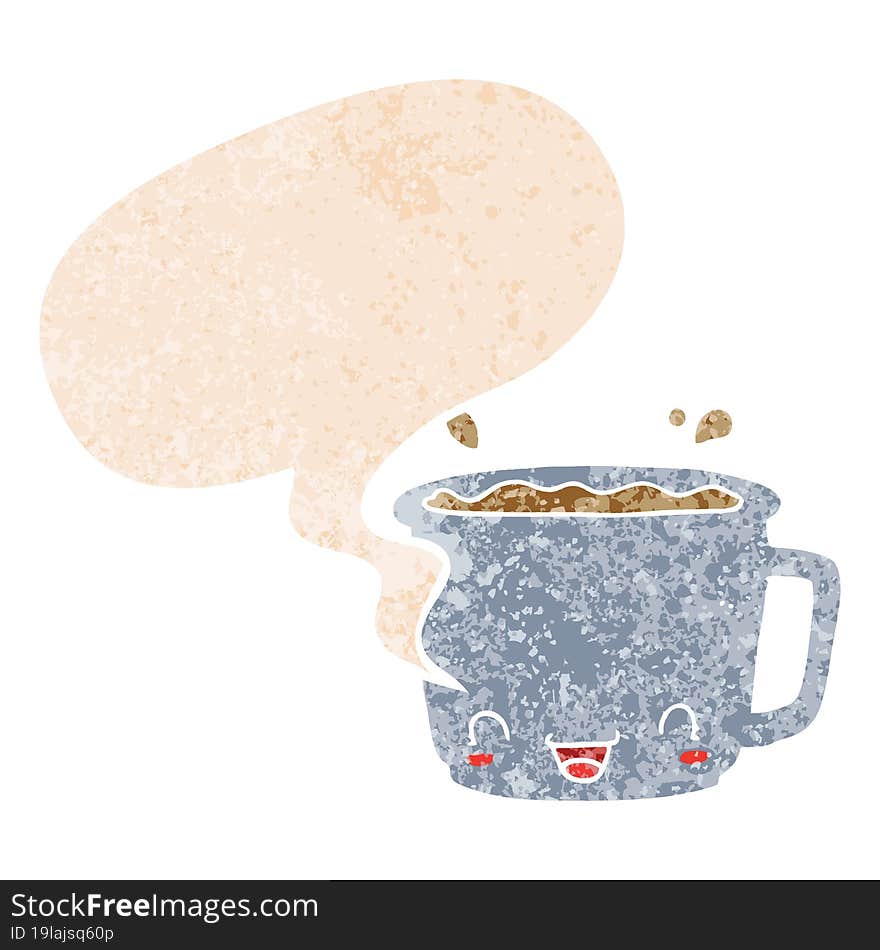 cartoon cup of coffee and speech bubble in retro textured style