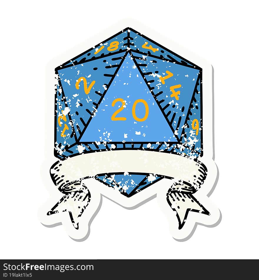 Natural 20 Critical Hit D20 Dice Roll Grunge Sticker