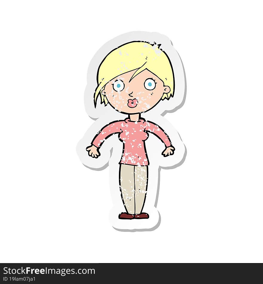 retro distressed sticker of a cartoon surprised woman