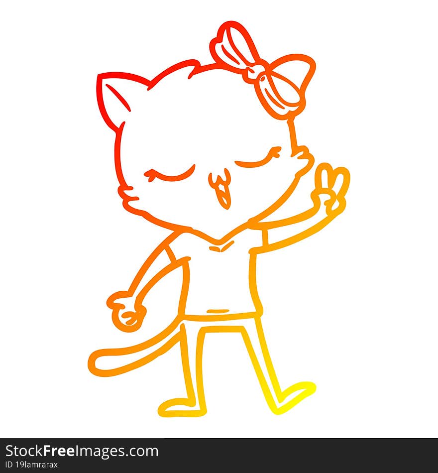 warm gradient line drawing of a cartoon cat with bow on head giving peace sign