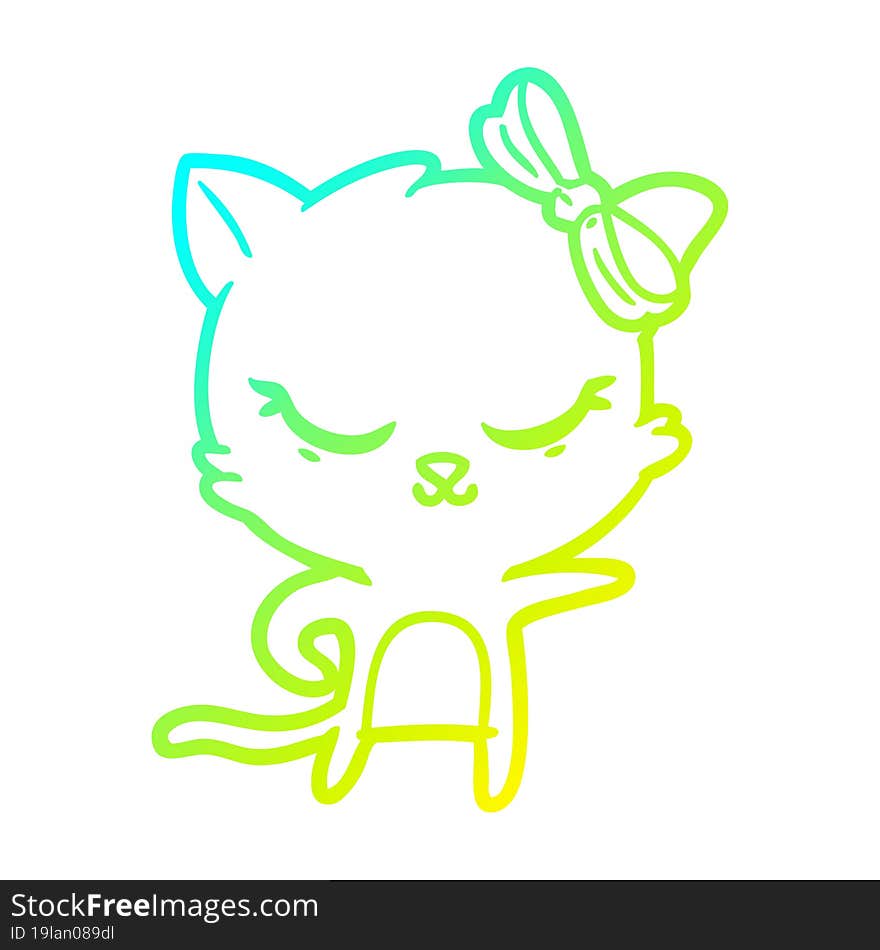 Cold Gradient Line Drawing Cute Cartoon Cat With Bow