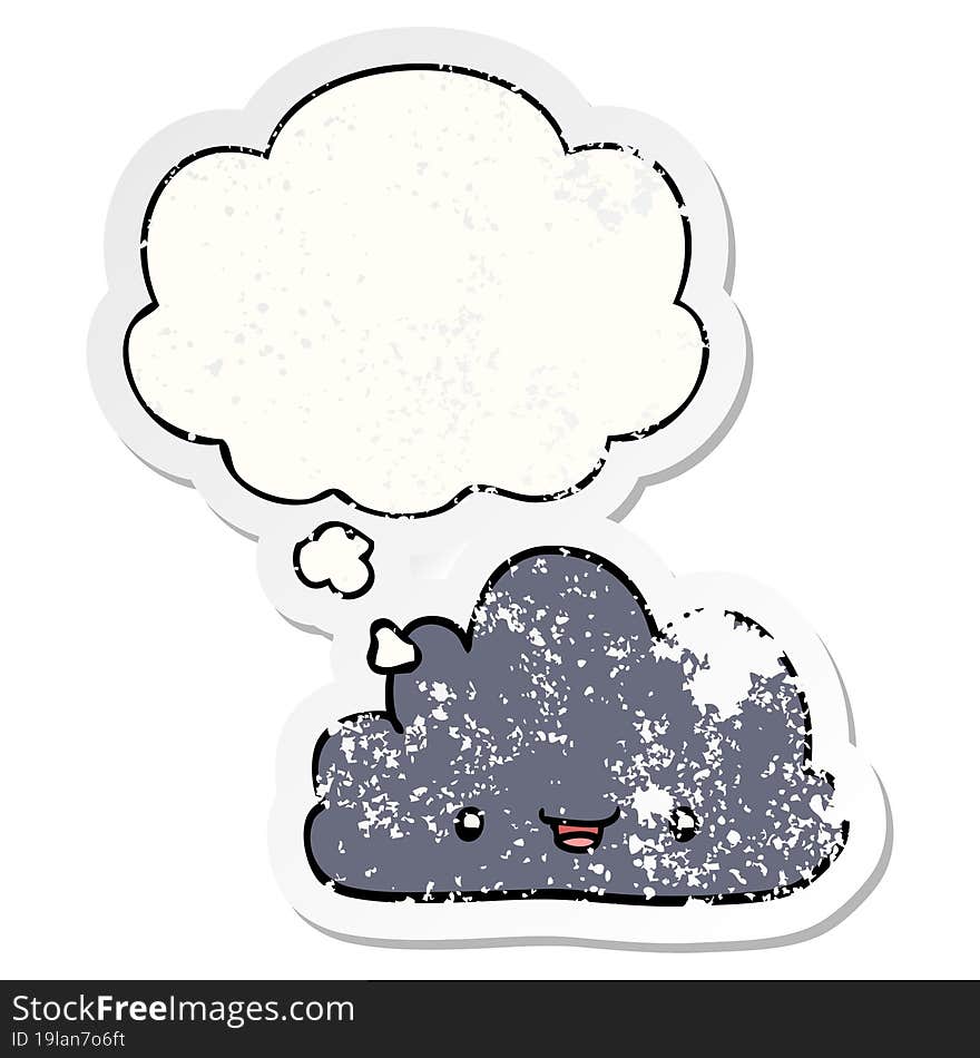 happy cartoon cloud and thought bubble as a distressed worn sticker