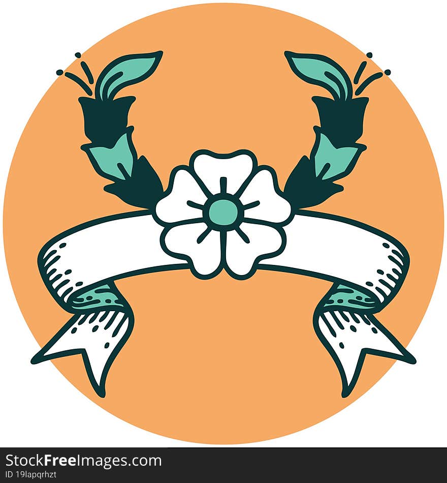 tattoo style icon with banner of a decorative flower