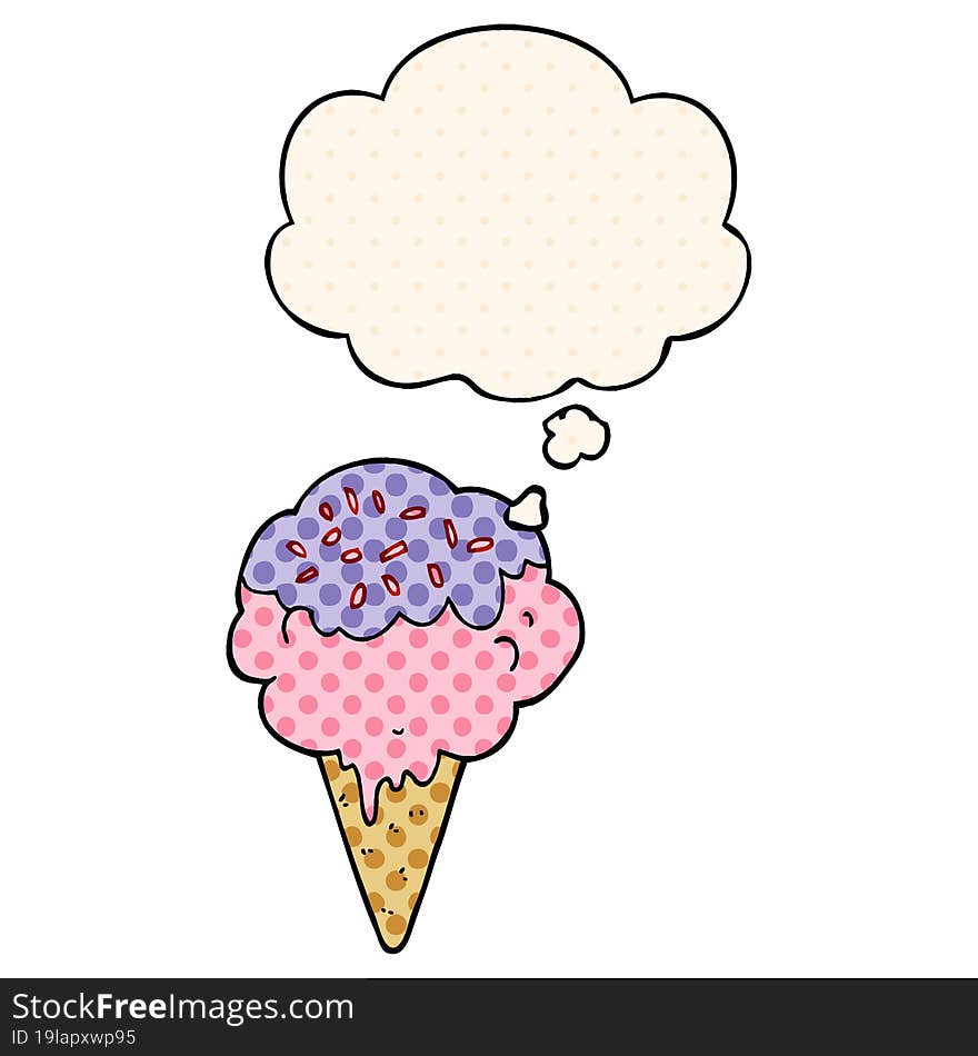 Cartoon Ice Cream And Thought Bubble In Comic Book Style