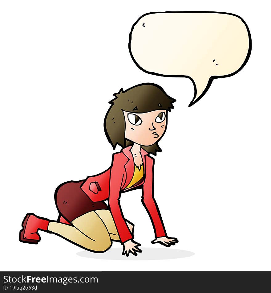 cartoon woman on hands and knees with speech bubble