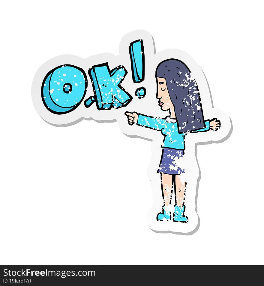 retro distressed sticker of a cartoon woman thinking OK