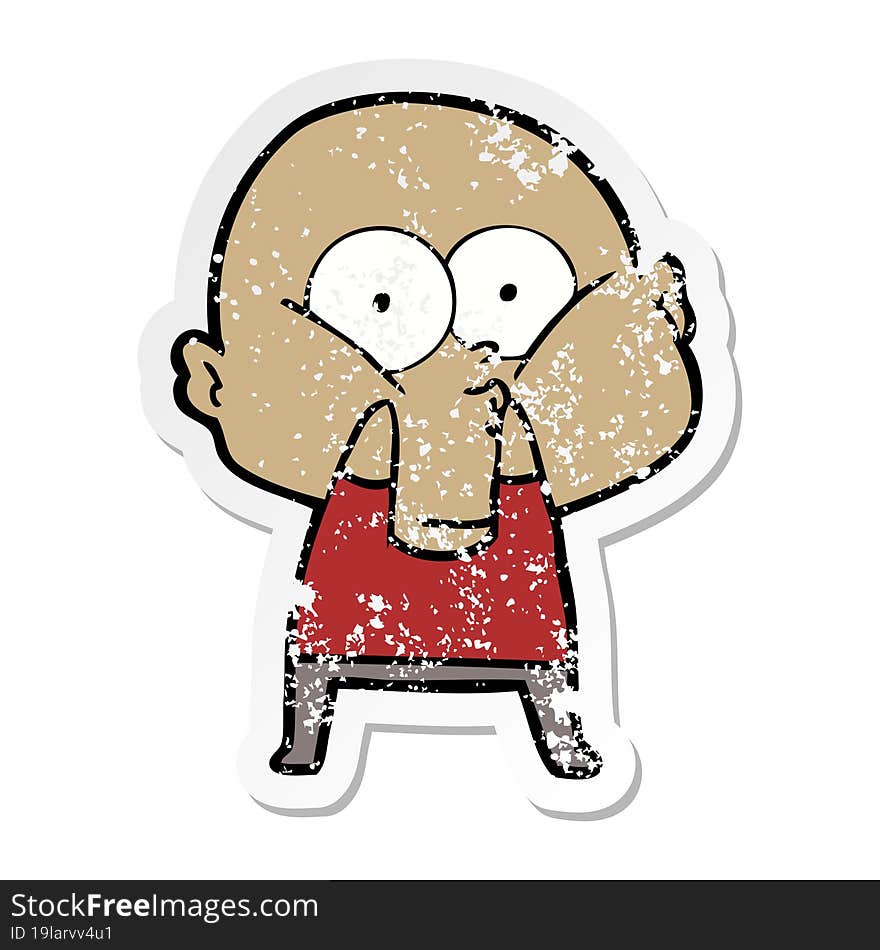 distressed sticker of a cartoon bald man staring