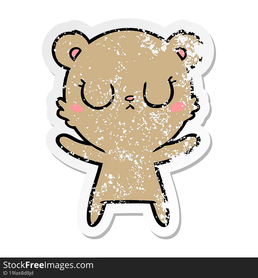 distressed sticker of a peaceful cartoon bear