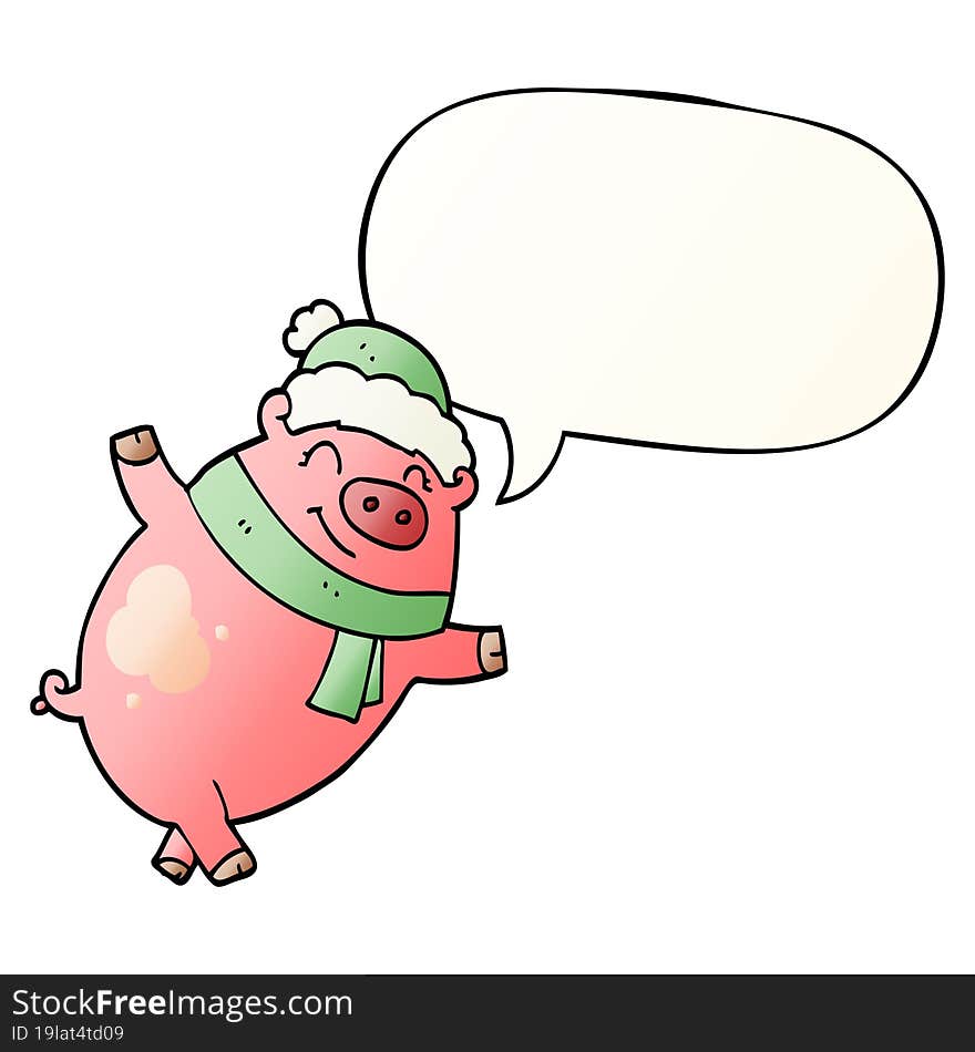 cartoon pig wearing christmas hat and speech bubble in smooth gradient style