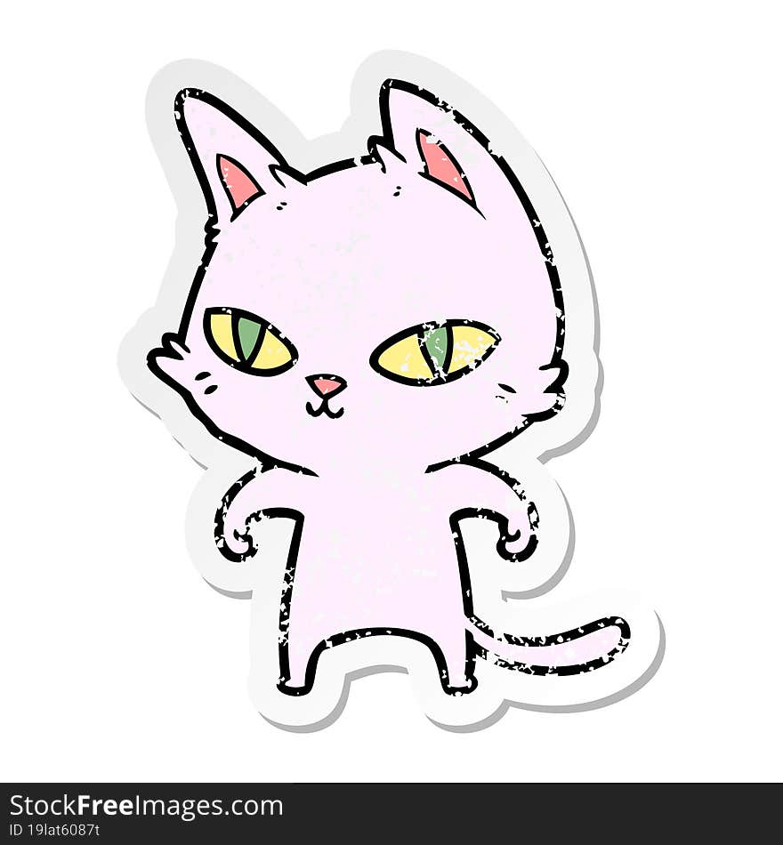 distressed sticker of a cartoon cat with bright eyes