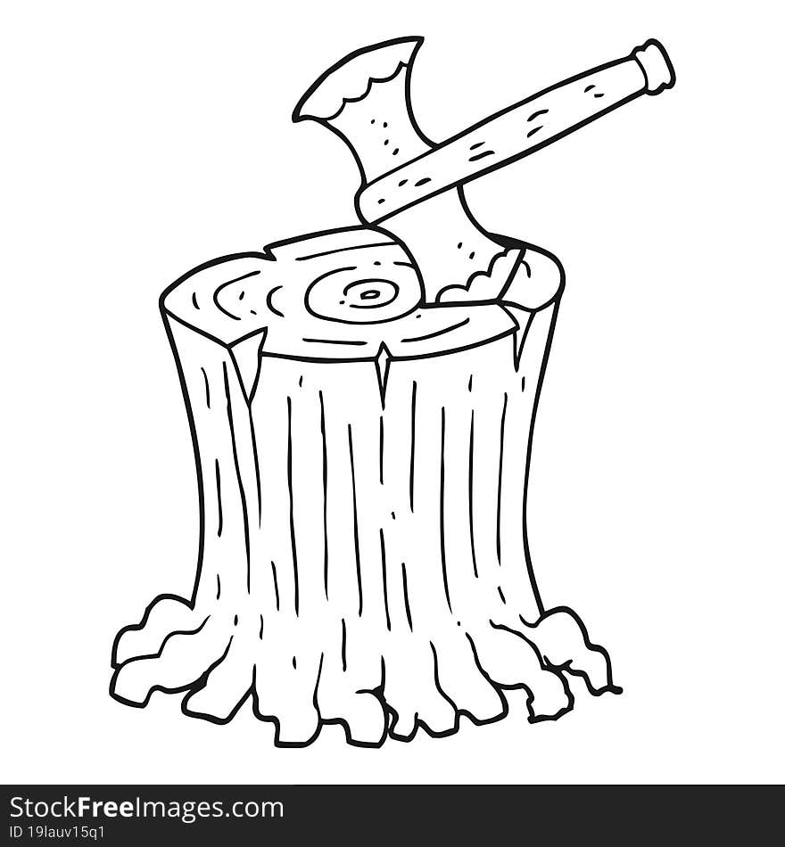 Black And White Cartoon Axe In Tree Stump