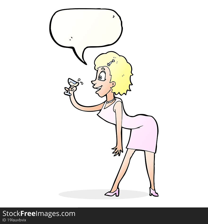 cartoon woman with drink with speech bubble