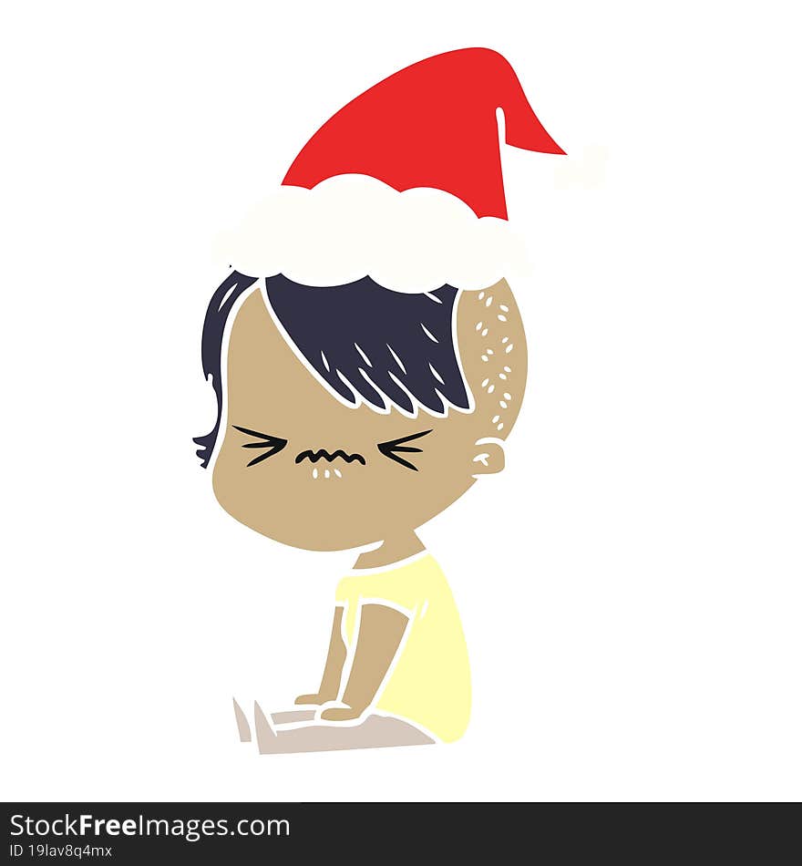 Flat Color Illustration Of A Annoyed Hipster Girl Wearing Santa Hat