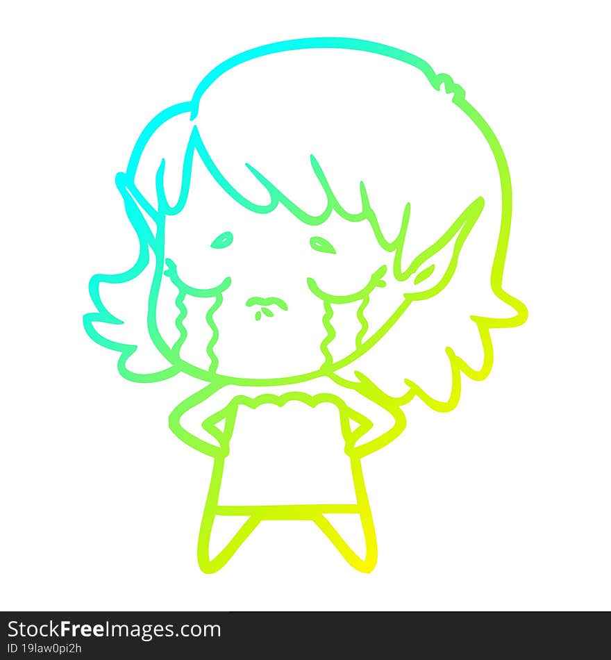 cold gradient line drawing crying cartoon elf girl