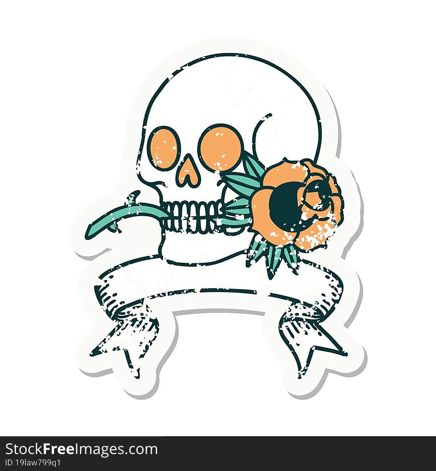 Grunge Sticker With Banner Of A Skull And Rose