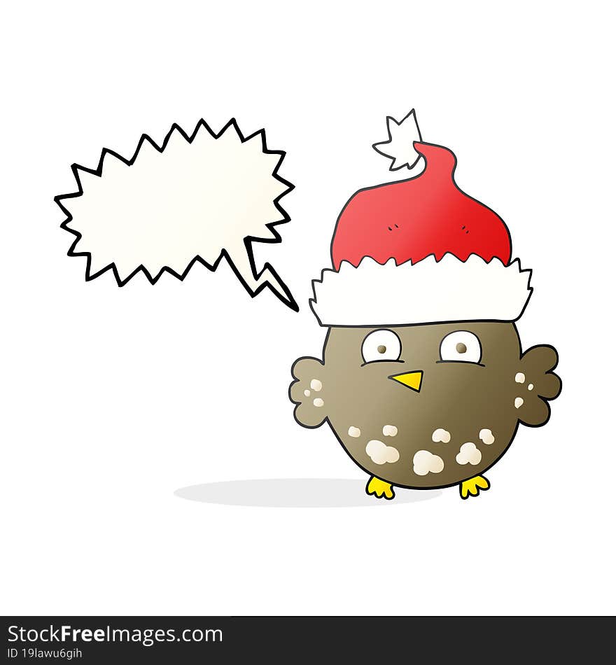 freehand drawn speech bubble cartoon owl wearing christmas hat