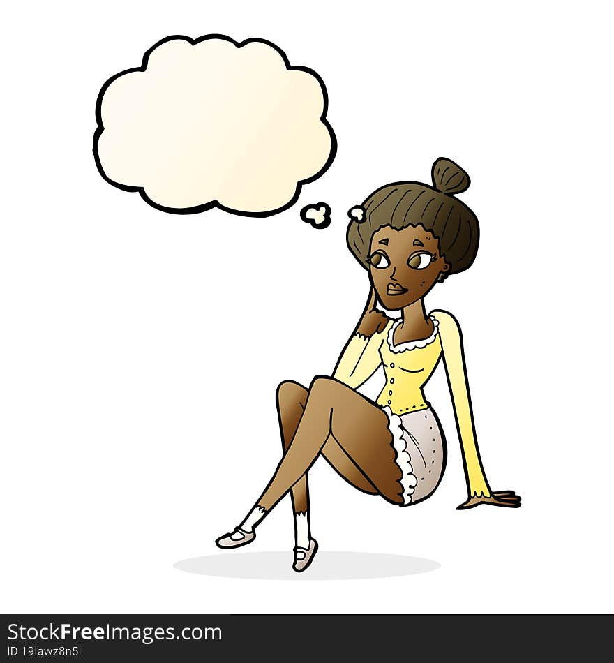 cartoon attractive woman sitting thinking with thought bubble