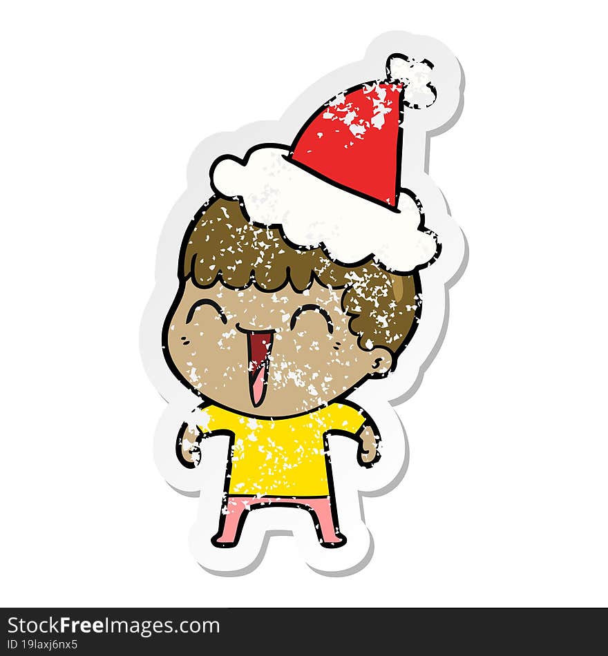 hand drawn distressed sticker cartoon of a happy man wearing santa hat