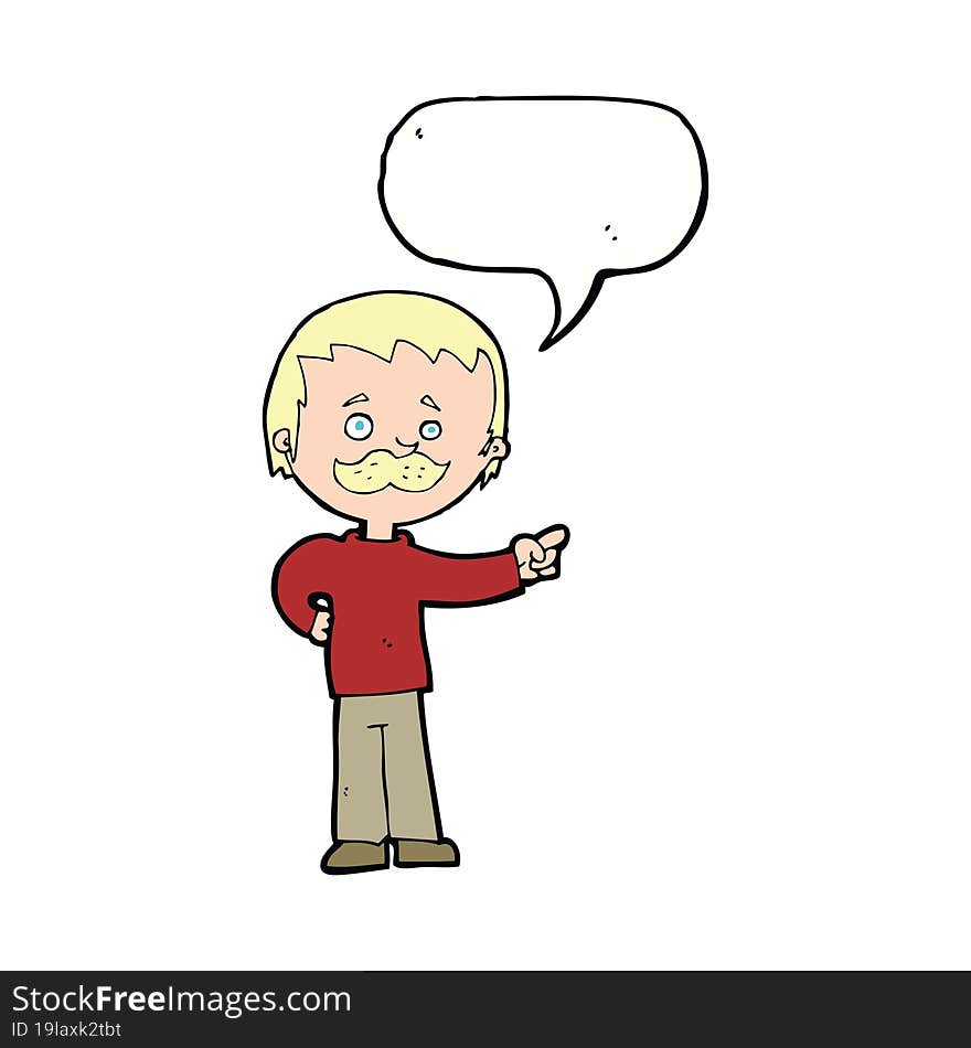 Cartoon Man With Mustache Pointing With Speech Bubble