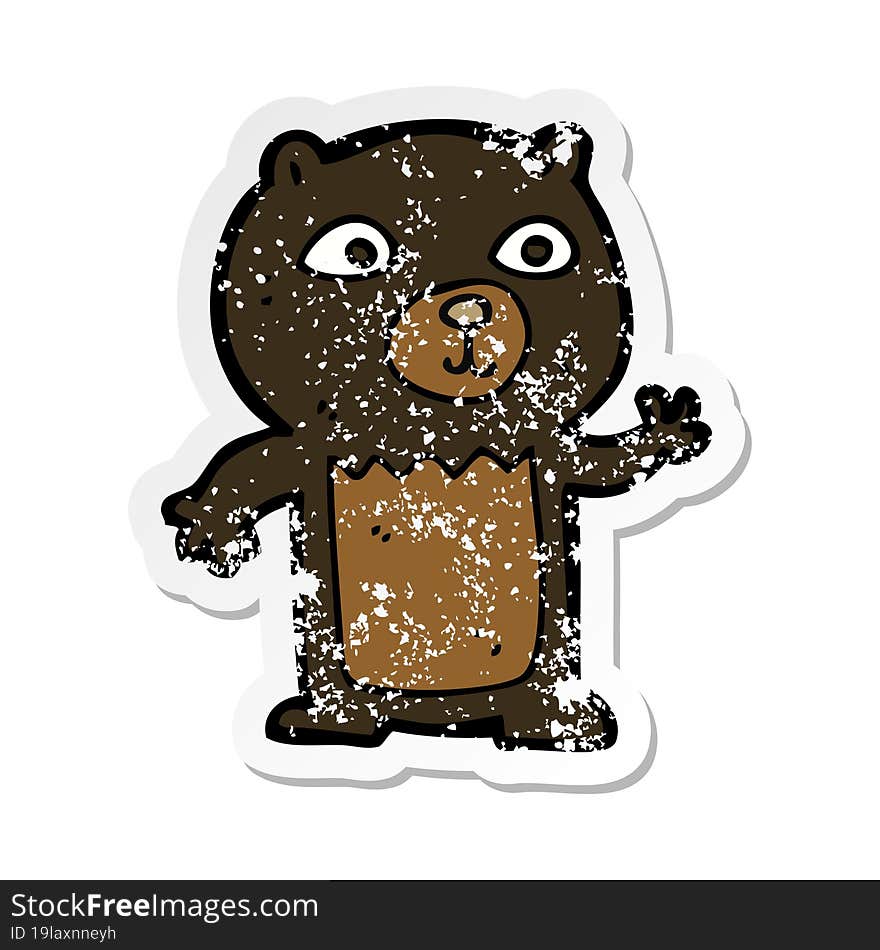 retro distressed sticker of a cartoon waving black bear cub