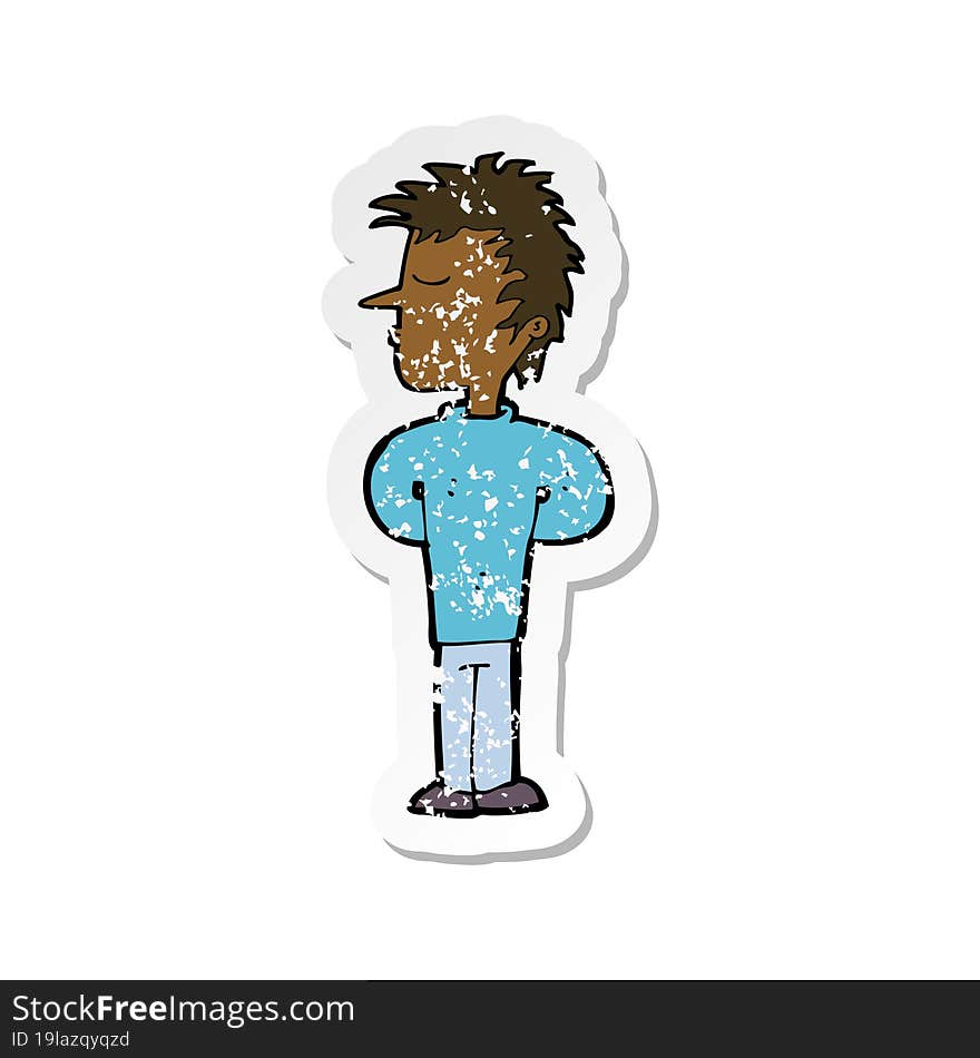 retro distressed sticker of a cartoon man ignoring