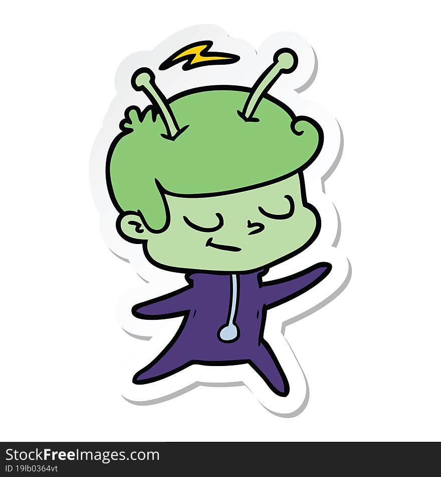 sticker of a friendly cartoon spaceman dancing