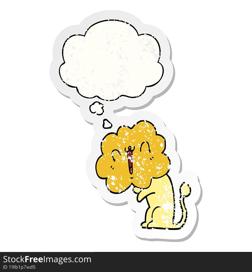 cute cartoon lion and thought bubble as a distressed worn sticker