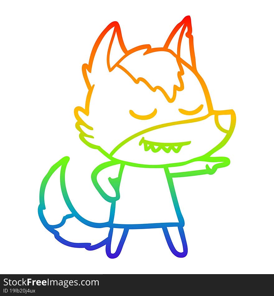 Rainbow Gradient Line Drawing Friendly Cartoon Wolf Girl Pointing