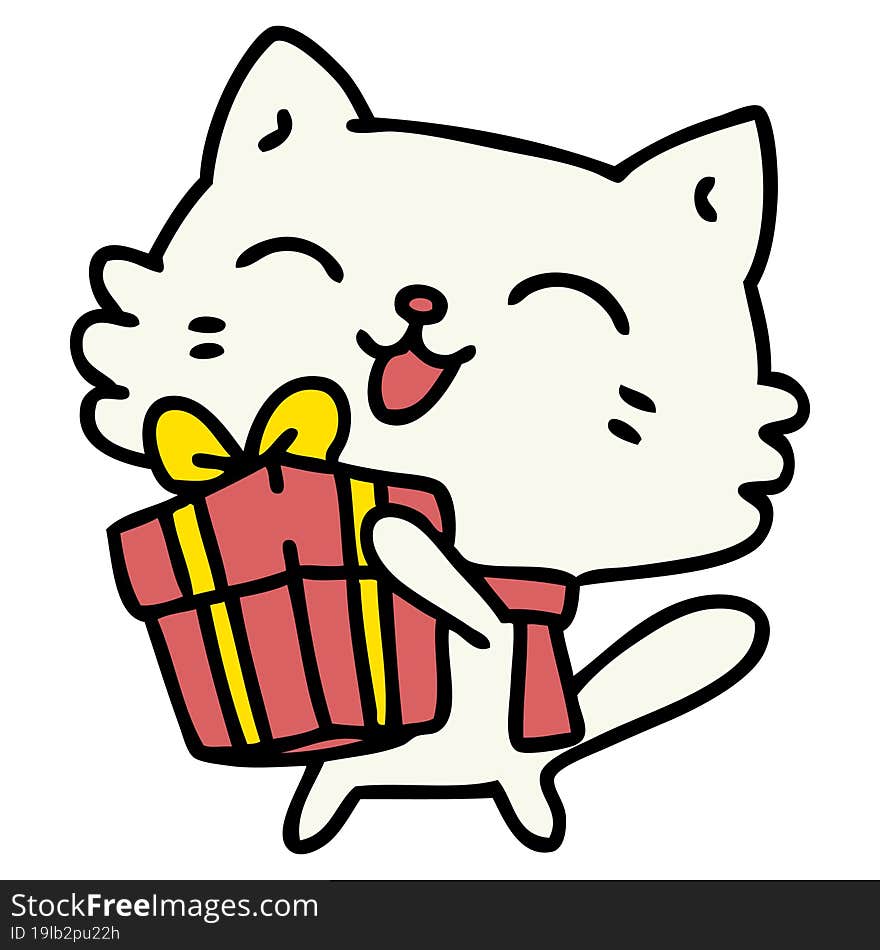 cartoon of a happy little cat holding a christmas present. cartoon of a happy little cat holding a christmas present