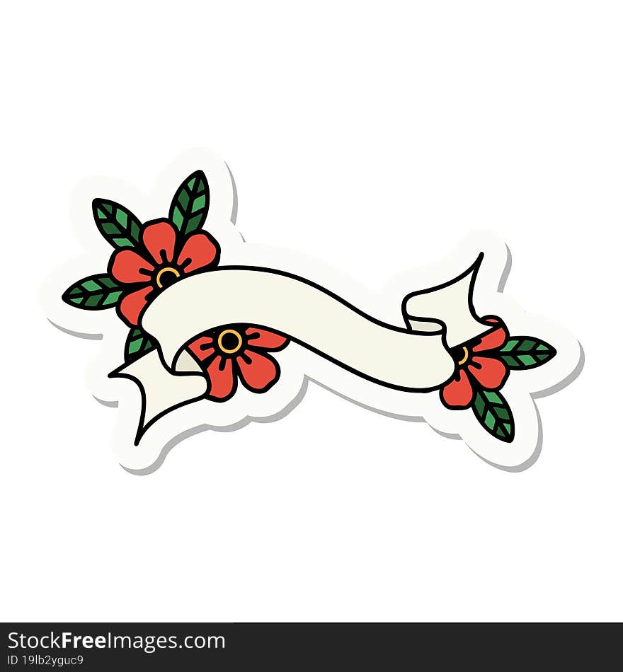 sticker of tattoo in traditional style of a banner and flowers. sticker of tattoo in traditional style of a banner and flowers