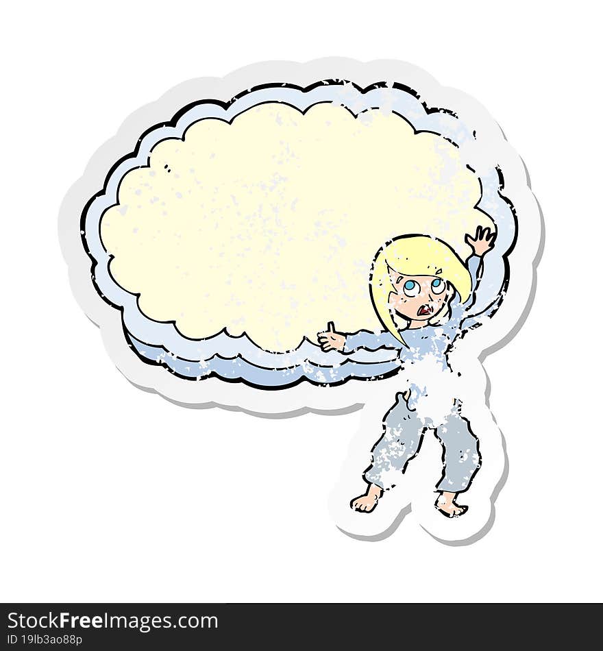 retro distressed sticker of a cartoon stressed out woman in front of cloud