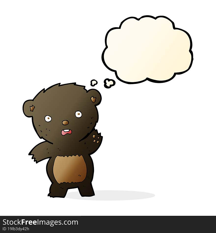 cartoon waving black bear cub with thought bubble