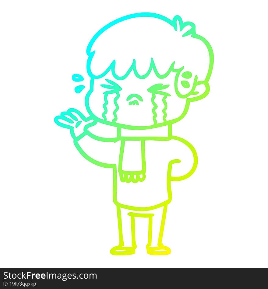 cold gradient line drawing cartoon boy crying