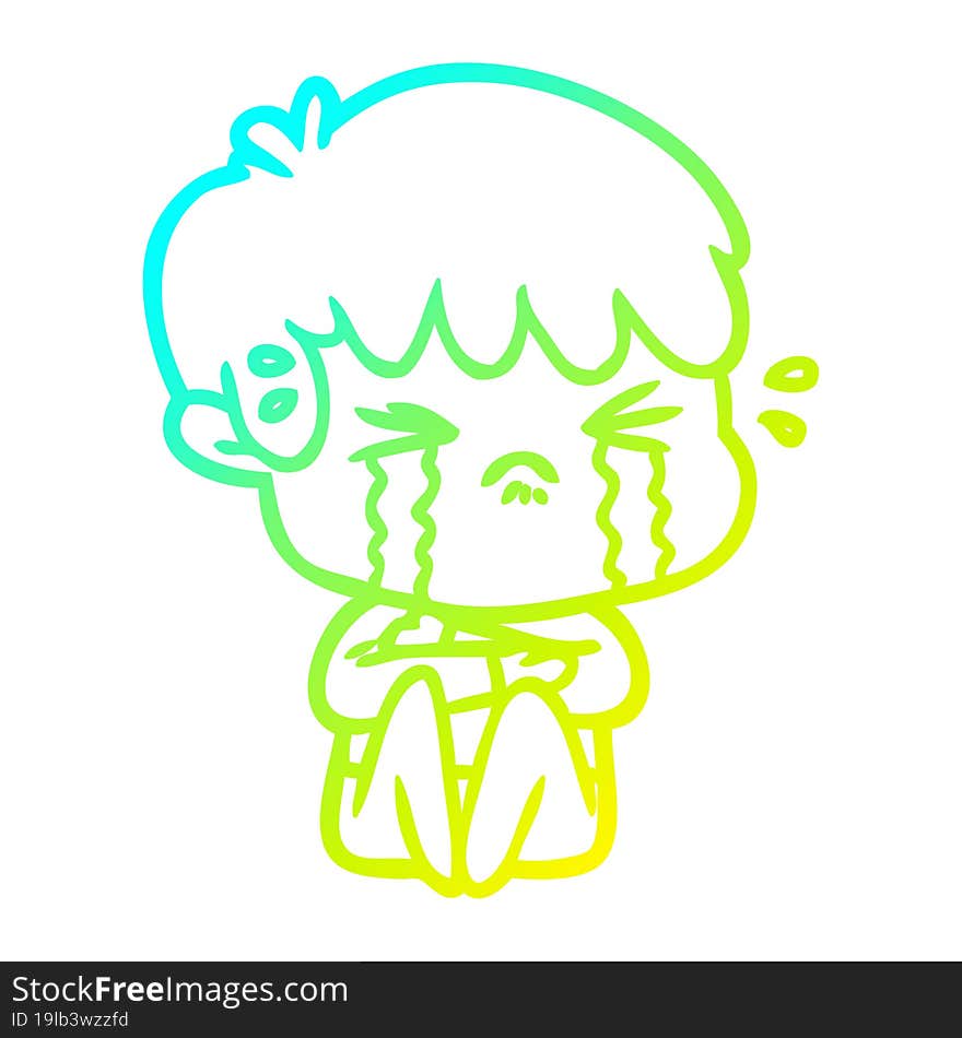 Cold Gradient Line Drawing Cartoon Boy Crying