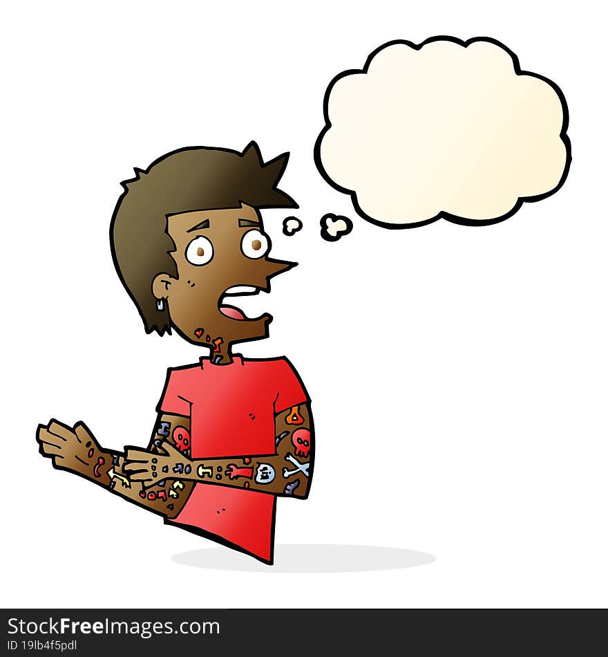 cartoon man with tattoos with thought bubble