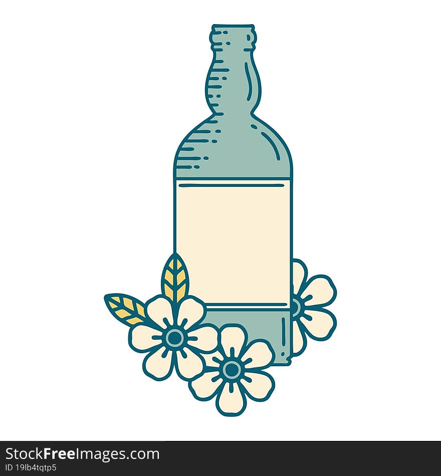 tattoo style icon of a rum bottle and flowers