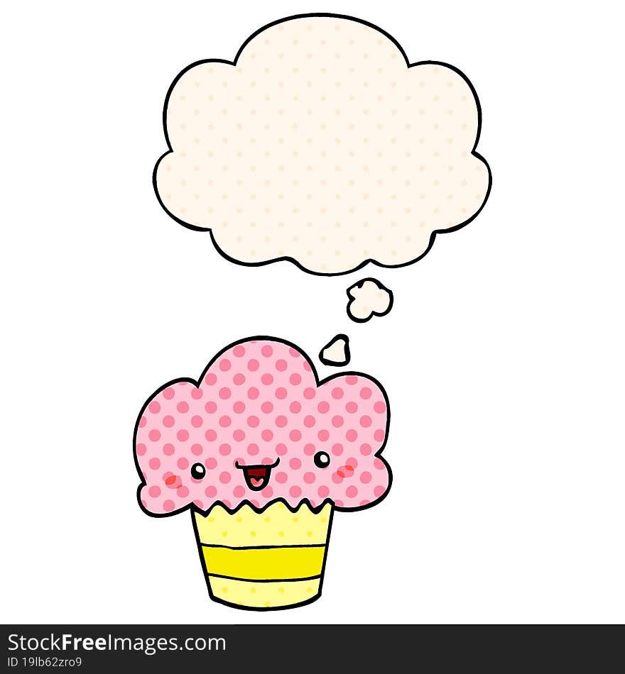 Cartoon Cupcake With Face And Thought Bubble In Comic Book Style