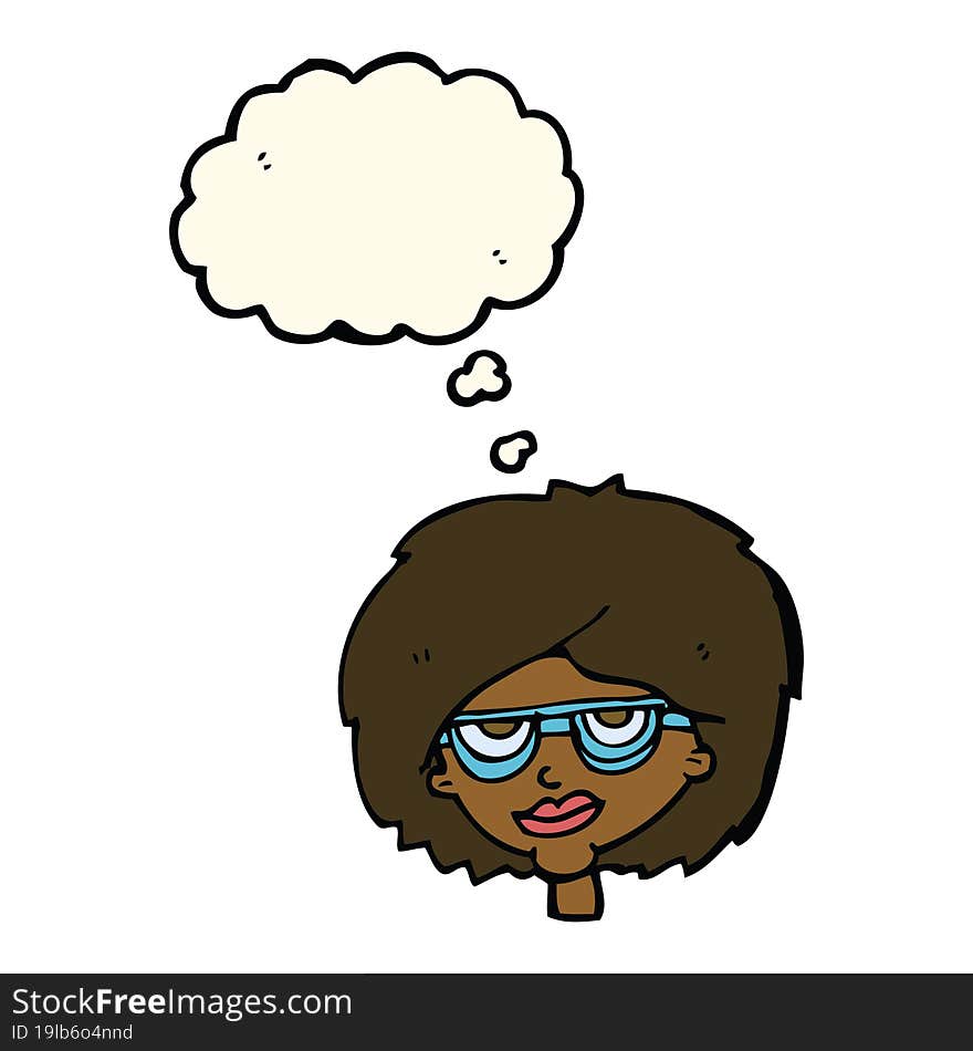 cartoon woman wearing spectacles with thought bubble