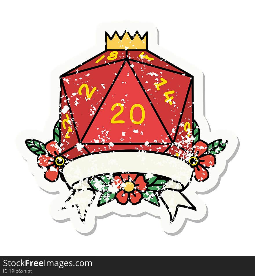 natural 20 critical hit D20 dice roll grunge sticker