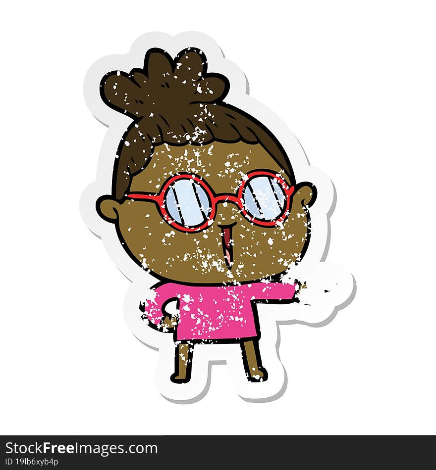 distressed sticker of a cartoon woman wearing spectacles