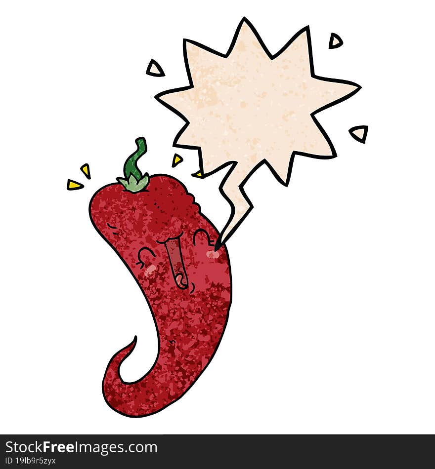 cartoon chili pepper and speech bubble in retro texture style