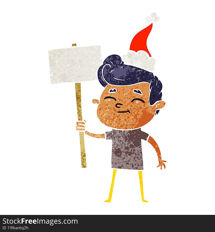 happy hand drawn retro cartoon of a man with sign wearing santa hat. happy hand drawn retro cartoon of a man with sign wearing santa hat