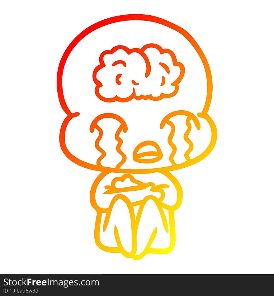 Warm Gradient Line Drawing Cartoon Big Brain Alien Crying